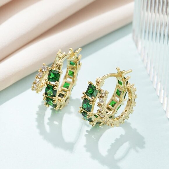 Gold Brass Double Hoop Earrings for Women 14K Gold Plated Cubic Zirconia - Picture 6 of 7